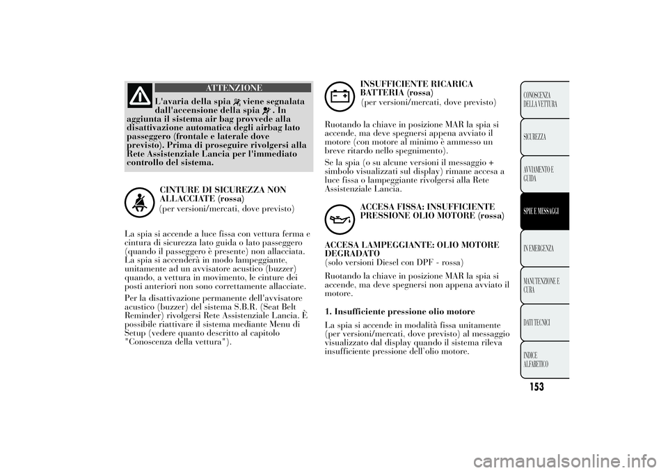 Lancia Ypsilon 2011  Libretto Uso Manutenzione (in Italian) ATTENZIONE
L'avaria della spia
viene segnalata
dall'accensione della spia
.In
aggiunta il sistema air bag provvede alla
disattivazione automatica degli airbag lato
passeggero (frontale e later