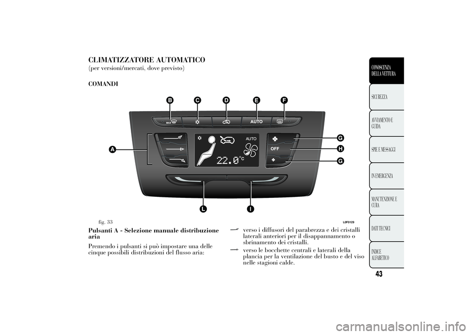 Lancia Ypsilon 2011  Libretto Uso Manutenzione (in Italian) CLIMATIZZATORE AUTOMATICO(per versioni/mercati, dove previsto)
COMANDI
Pulsanti A - Selezione manuale distribuzione
aria
Premendo i pulsanti si può impostare una delle
cinque possibili distribuzioni 