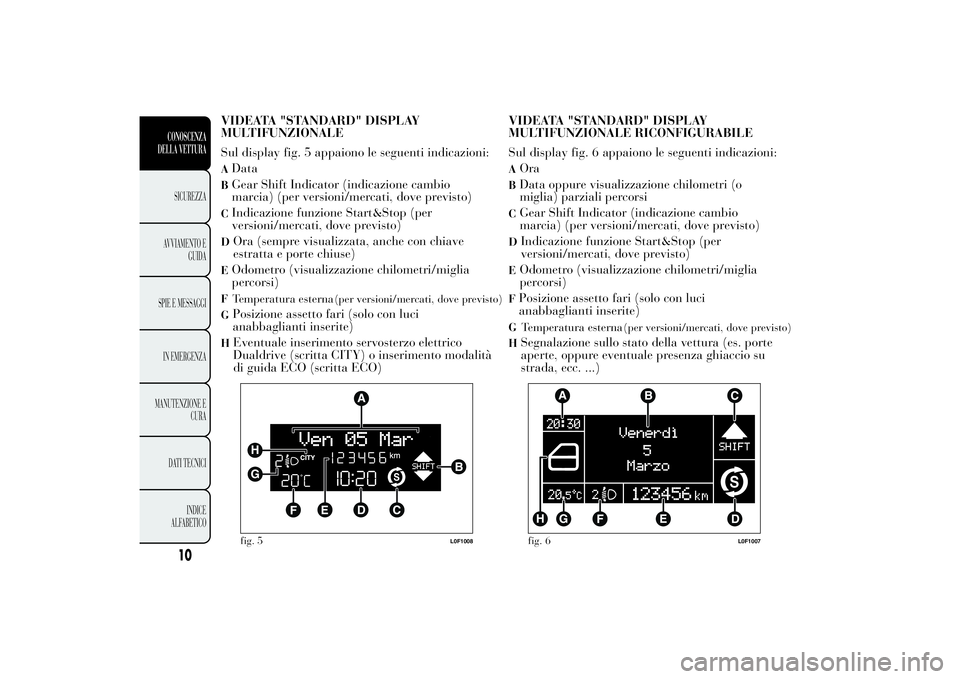 Lancia Ypsilon 2012 Libretto Uso Manutenzione (in Italian) VIDEATA "STANDARD" DISPLAY
MULTIFUNZIONALE
Sul display fig. 5 appaiono le seguenti indicazioni:ADataBGear Shift Indicator (indicazione cambio
marcia) (per versioni/mercati, dove previsto)CIndi Lancia Ypsilon 2012 Libretto Uso Manutenzione (in Italian) VIDEATA "STANDARD" DISPLAY
MULTIFUNZIONALE
Sul display fig. 5 appaiono le seguenti indicazioni:ADataBGear Shift Indicator (indicazione cambio
marcia) (per versioni/mercati, dove previsto)CIndi