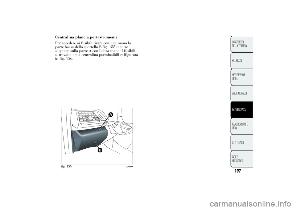 Lancia Ypsilon 2012  Libretto Uso Manutenzione (in Italian) Centralina plancia portastrumenti
Per accedere ai fusibili tirare con una mano la
parte bassa dello sportello B fig. 155 mentre
si spinge sulla parte A con l'altra mano. I fusibili
si trovano nell