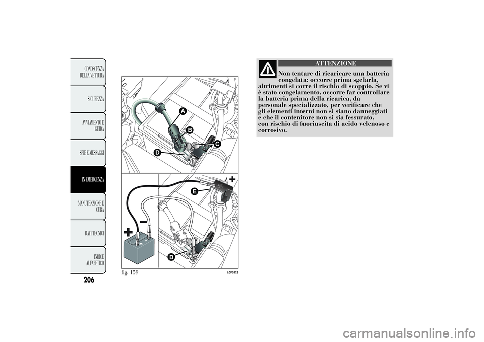 Lancia Ypsilon 2012  Libretto Uso Manutenzione (in Italian) ATTENZIONE
Non tentare di ricaricare una batteria
congelata: occorre prima sgelarla,
altrimenti si corre il rischio di scoppio. Se vi
è stato congelamento, occorre far controllare
la batteria prima d