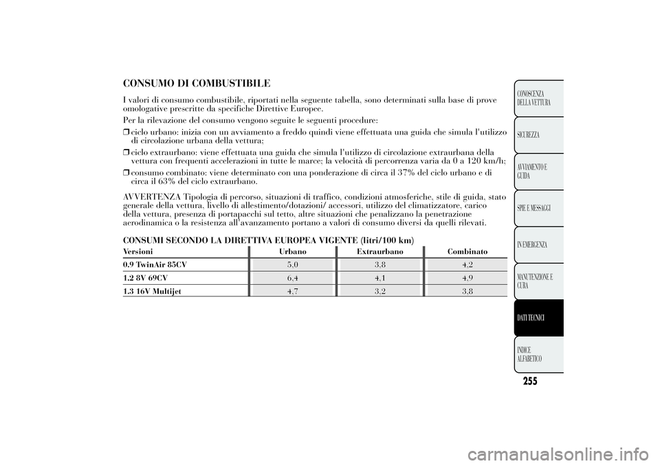 Lancia Ypsilon 2012  Libretto Uso Manutenzione (in Italian) CONSUMO DI COMBUSTIBILEI valori di consumo combustibile, riportati nella seguente tabella, sono determinati sulla base di prove
omologative prescritte da specifiche Direttive Europee.
Per la rilevazio