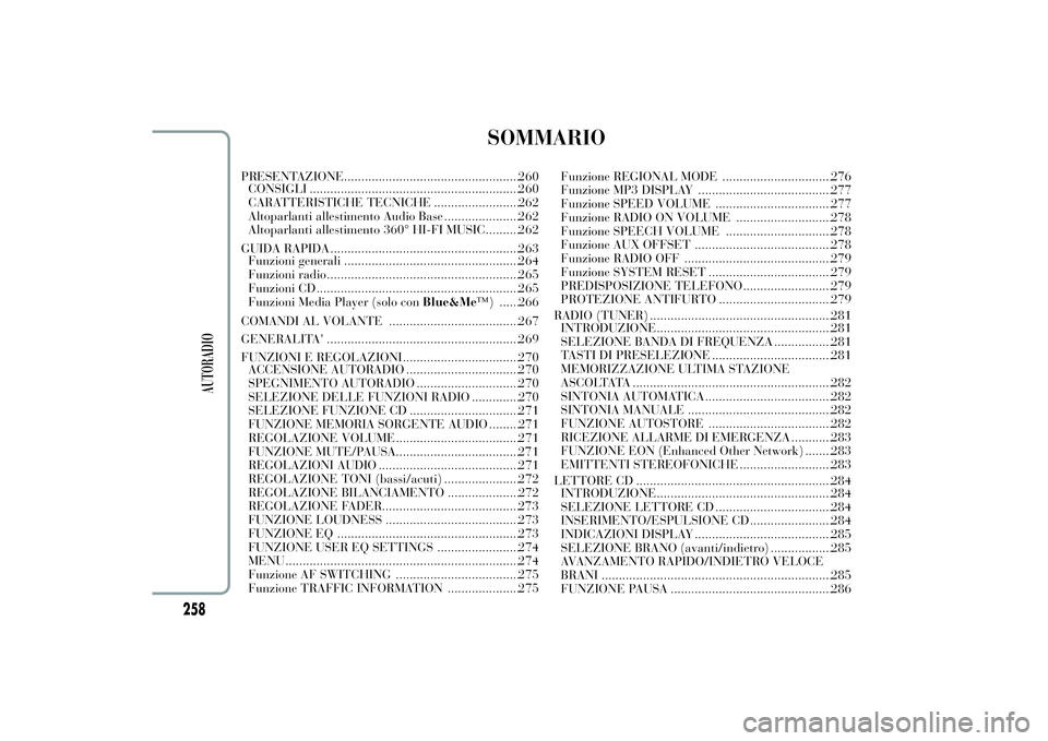 Lancia Ypsilon 2012  Libretto Uso Manutenzione (in Italian) SOMMARIO
PRESENTAZIONE...................................................260
CONSIGLI .............................................................260
CARATTERISTICHE TECNICHE ........................