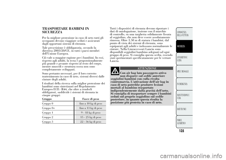 Lancia Ypsilon 2014 Libretto Uso Manutenzione (in Italian) TRASPORTARE BAMBINI IN
SICUREZZAPer la migliore protezione in caso di urto tutti gli
occupanti devono viaggiare seduti e assicurati
dagli opportuni sistemi di ritenuta.
Tale prescrizione è obbligator Lancia Ypsilon 2014 Libretto Uso Manutenzione (in Italian) TRASPORTARE BAMBINI IN
SICUREZZAPer la migliore protezione in caso di urto tutti gli
occupanti devono viaggiare seduti e assicurati
dagli opportuni sistemi di ritenuta.
Tale prescrizione è obbligator