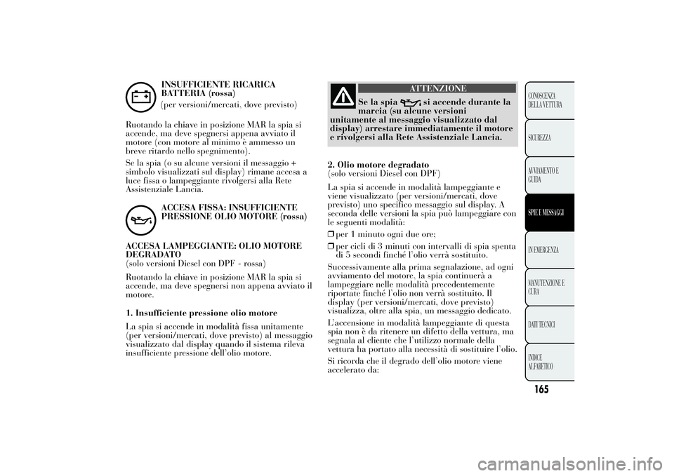 Lancia Ypsilon 2014  Libretto Uso Manutenzione (in Italian) INSUFFICIENTE RICARICA
BATTERIA (rossa)
(per versioni/mercati, dove previsto)
Ruotando la chiave in posizione MAR la spia si
accende, ma deve spegnersi appena avviato il
motore (con motore al minimo 
