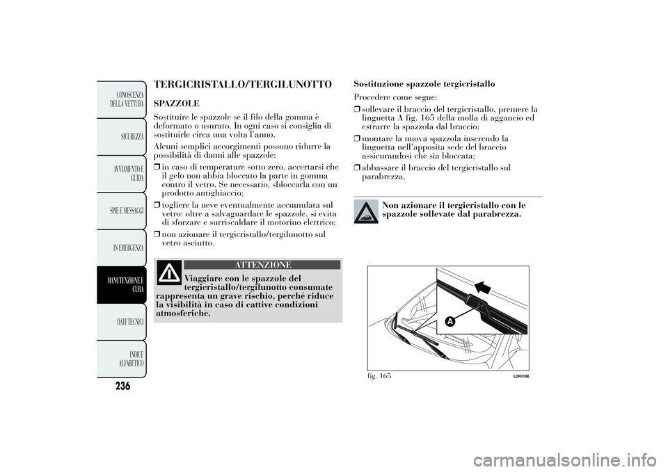 Lancia Ypsilon 2013 Libretto Uso Manutenzione (in Italian) TERGICRISTALLO/TERGILUNOTTOSPAZZOLE
Sostituire le spazzole se il filo della gomma è
deformato o usurato. In ogni caso si consiglia di
sostituirle circa una volta l’anno.
Alcuni semplici accorgiment Lancia Ypsilon 2013 Libretto Uso Manutenzione (in Italian) TERGICRISTALLO/TERGILUNOTTOSPAZZOLE
Sostituire le spazzole se il filo della gomma è
deformato o usurato. In ogni caso si consiglia di
sostituirle circa una volta l’anno.
Alcuni semplici accorgiment