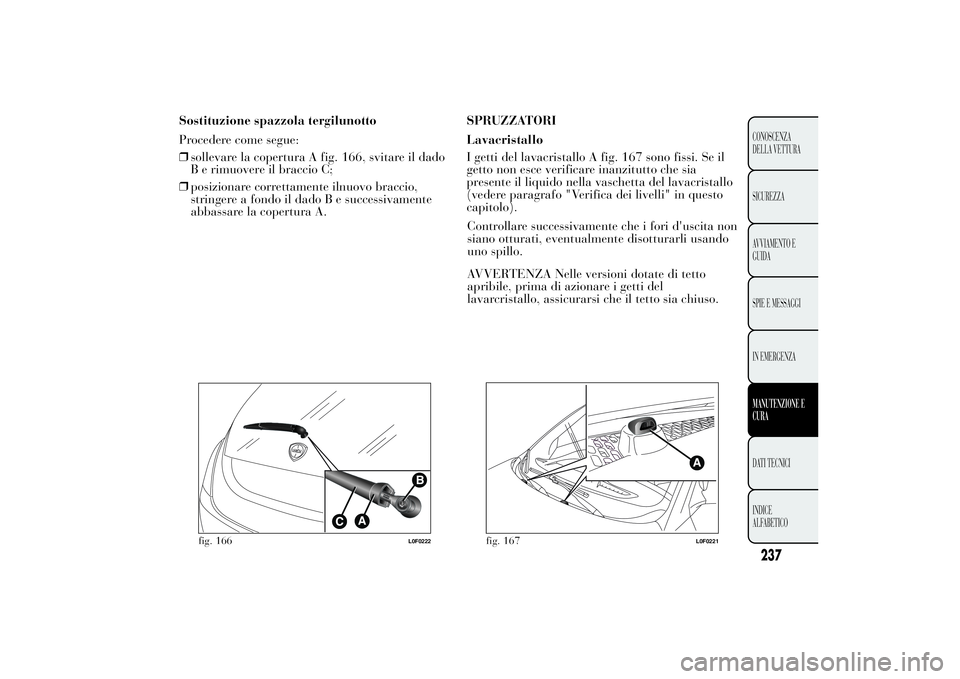 Lancia Ypsilon 2014  Libretto Uso Manutenzione (in Italian) Sostituzione spazzola tergilunotto
Procedere come segue:
❒sollevare la copertura A fig. 166, svitare il dado
B e rimuovere il braccio C;
❒posizionare correttamente ilnuovo braccio,
stringere a fon