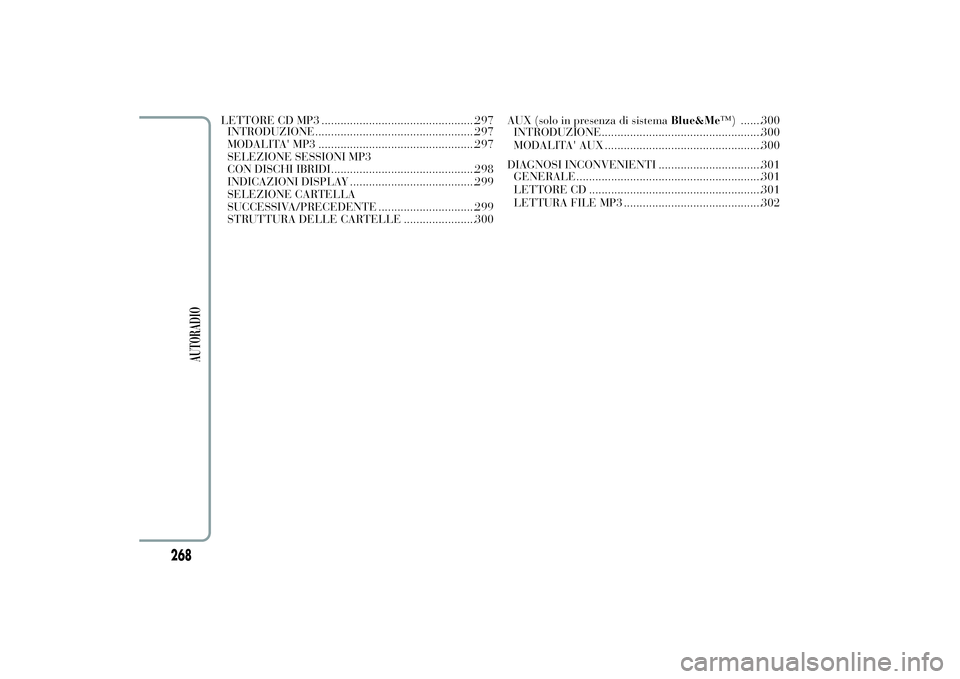 Lancia Ypsilon 2014  Libretto Uso Manutenzione (in Italian) LETTORE CD MP3 .................................................297
INTRODUZIONE...................................................297
MODALITA' MP3 ...............................................