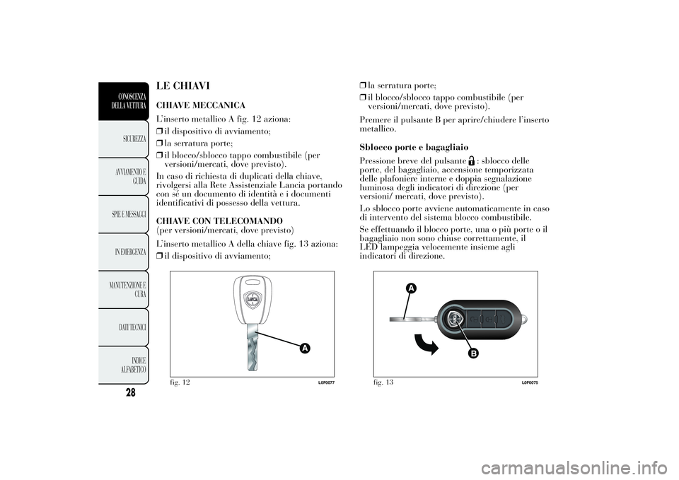 Lancia Ypsilon 2014 Libretto Uso Manutenzione (in Italian) LE CHIAVICHIAVE MECCANICA
L’inserto metallico A fig. 12 aziona:
❒il dispositivo di avviamento;
❒la serratura porte;
❒il blocco/sblocco tappo combustibile (per
versioni/mercati, dove previsto). Lancia Ypsilon 2014 Libretto Uso Manutenzione (in Italian) LE CHIAVICHIAVE MECCANICA
L’inserto metallico A fig. 12 aziona:
❒il dispositivo di avviamento;
❒la serratura porte;
❒il blocco/sblocco tappo combustibile (per
versioni/mercati, dove previsto).