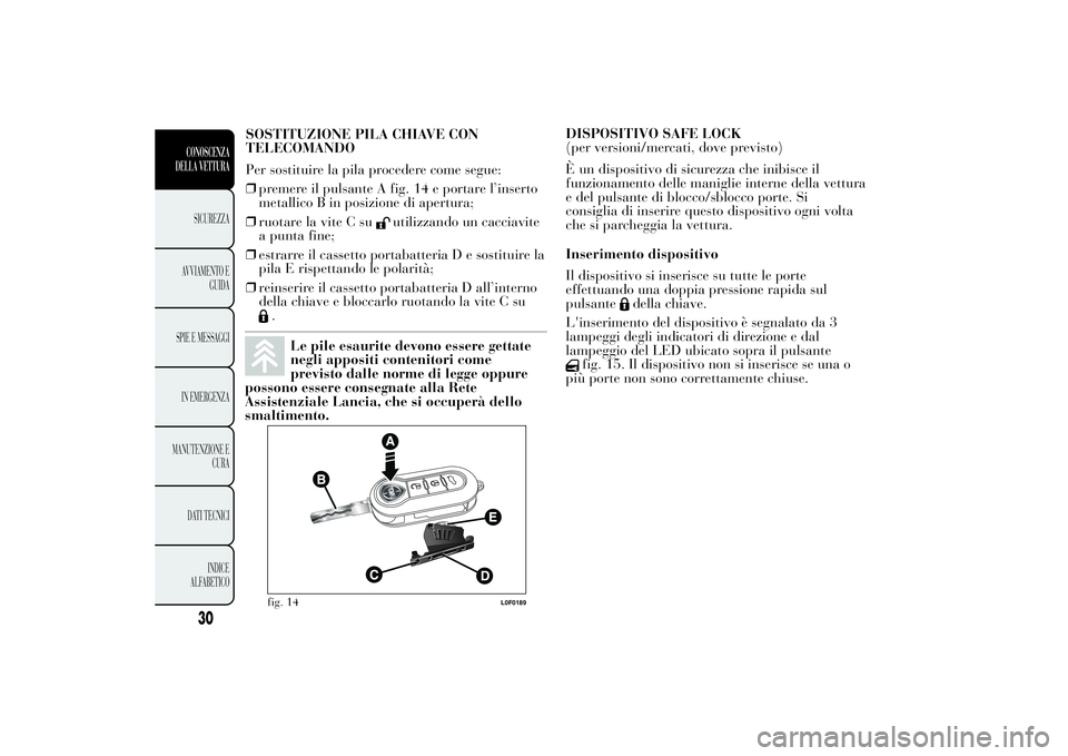 Lancia Ypsilon 2014  Libretto Uso Manutenzione (in Italian) SOSTITUZIONE PILA CHIAVE CON
TELECOMANDO
Per sostituire la pila procedere come segue:
❒premere il pulsante A fig. 14 e portare l’inserto
metallico B in posizione di apertura;
❒ruotare la vite C 
