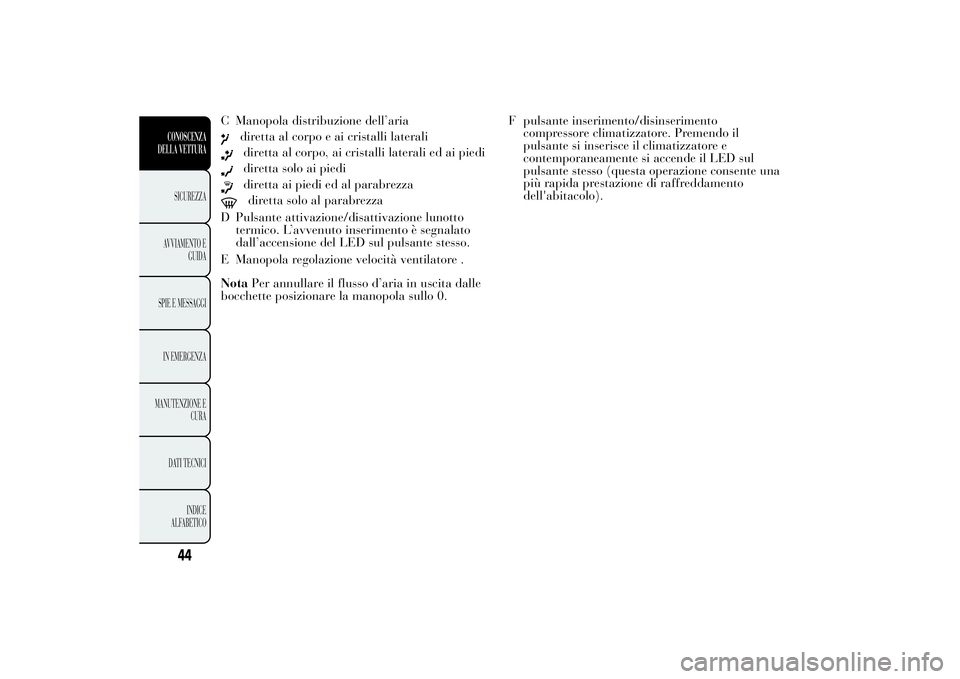 Lancia Ypsilon 2014  Libretto Uso Manutenzione (in Italian) C Manopola distribuzione dell’aria
diretta al corpo e ai cristalli lateralidiretta al corpo, ai cristalli laterali ed ai piedidiretta solo ai piedidiretta ai piedi ed al parabrezzadiretta solo al pa