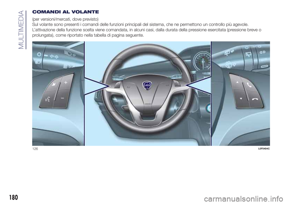 Lancia Ypsilon 2017  Libretto Uso Manutenzione (in Italian) COMANDI AL VOLANTE
(per versioni/mercati, dove previsto)
Sul volante sono presenti i comandi delle funzioni principali del sistema, che ne permettono un controllo più agevole.
L’attivazione della f