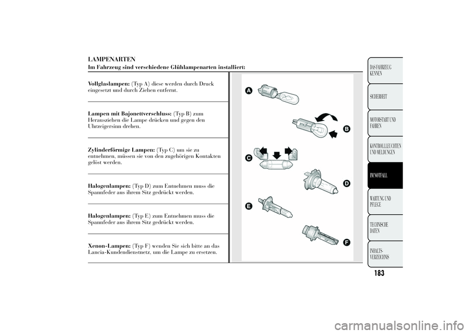Lancia Ypsilon 2011  Betriebsanleitung (in German) LAMPENARTENIm Fahrzeug sind verschiedene Glühlampenarten installiert:
Vollglaslampen:(Typ A) diese werden durch Druck
eingesetzt und durch Ziehen entfernt.Lampen mit Bajonettverschluss:(Typ B) zum
He