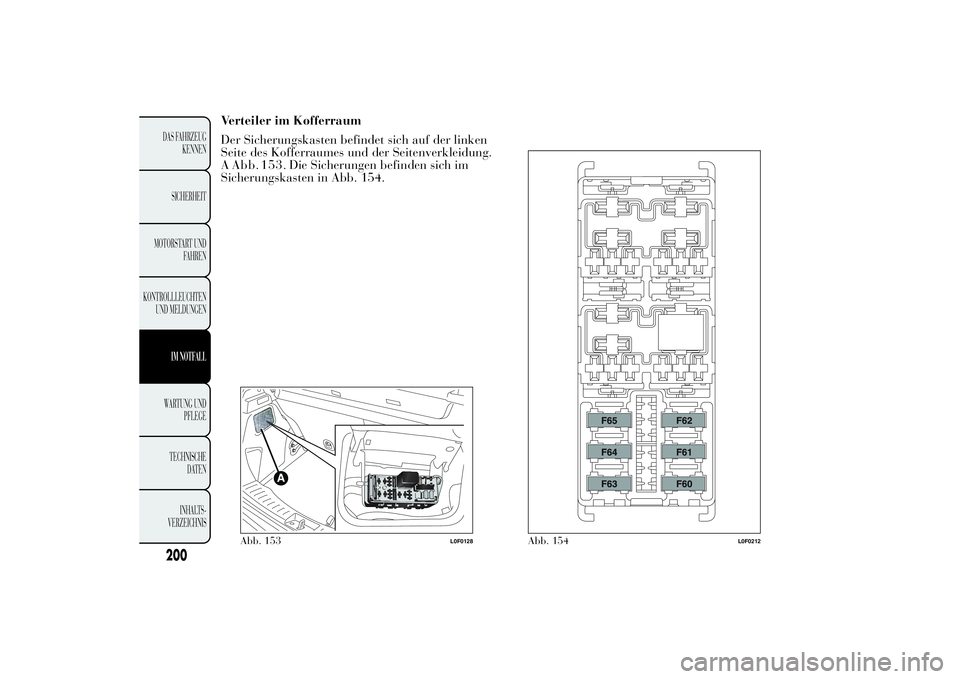 Lancia Ypsilon 2011  Betriebsanleitung (in German) Verteiler im Kofferraum
Der Sicherungskasten befindet sich auf der linken
Seite des Kofferraumes und der Seitenverkleidung.
Sicherungskasten in Abb. 154.
Abb. 153
L0F0128
Abb. 154
L0F0212
200DAS FAHRZ