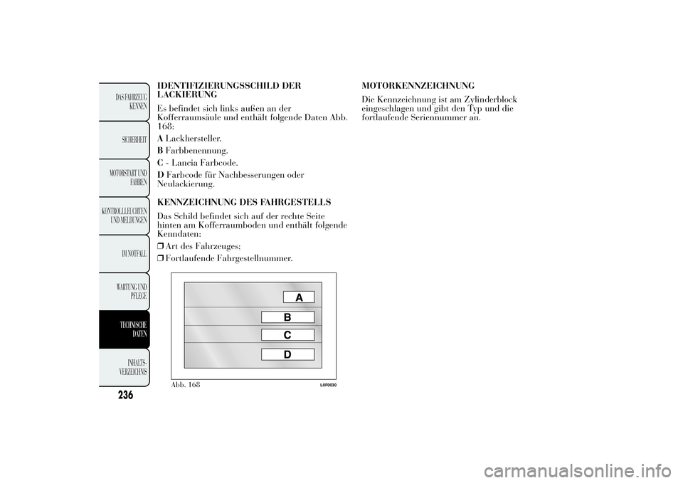 Lancia Ypsilon 2011  Betriebsanleitung (in German) IDENTIFIZIERUNGSSCHILD DER
LACKIERUNG
Es befindet sich links außen an der
Kofferraumsäule und enthält folgende Daten Abb.
168:
ALackhersteller.
BFarbbenennung.
C- Lancia Farbcode.
DFarbcode für Na