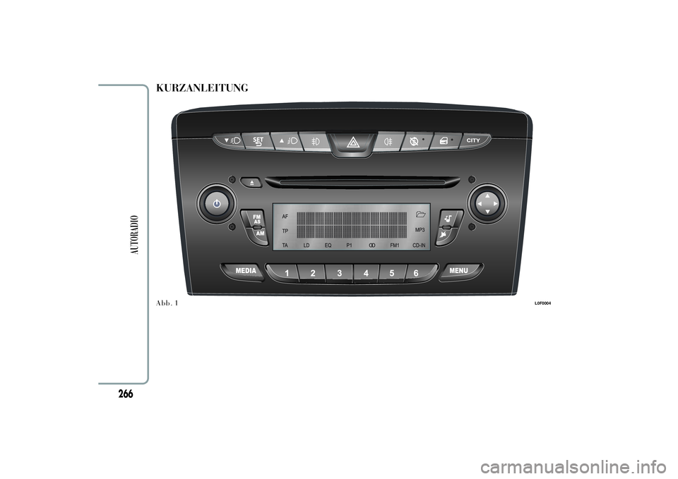 Lancia Ypsilon 2011  Betriebsanleitung (in German) KURZANLEITUNG
L0F0004
266
AUTORADIO
Abb. 1 