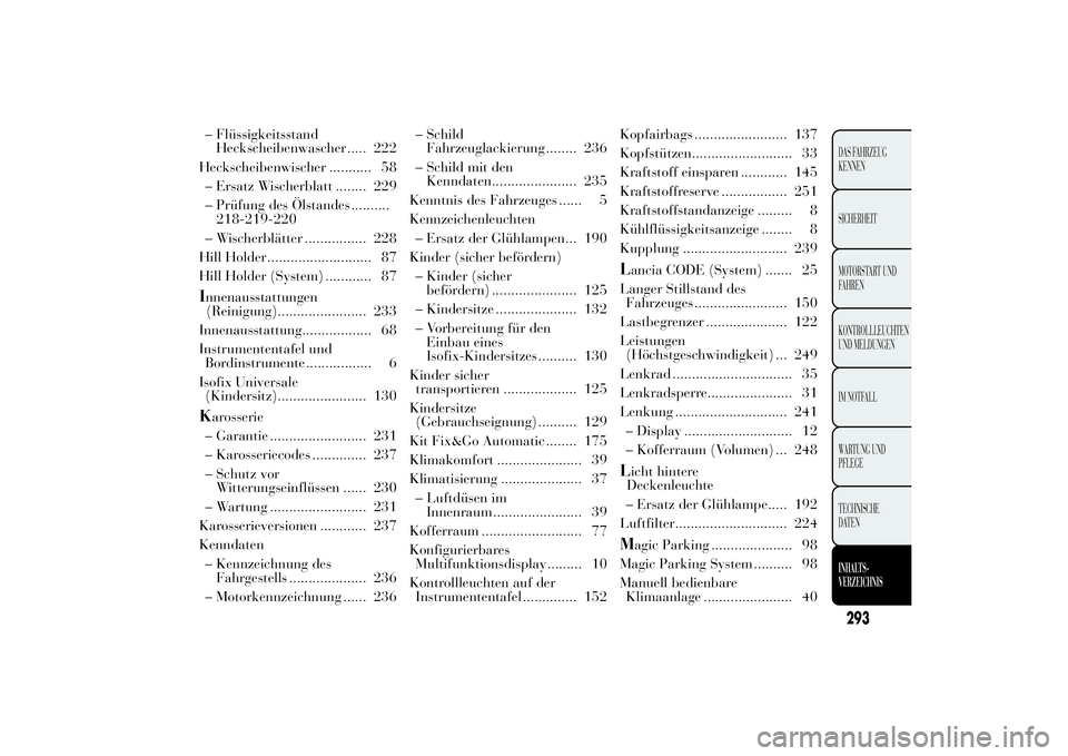 Lancia Ypsilon 2011  Betriebsanleitung (in German) – Flüssigkeitsstand
Heckscheibenwascher ..... 222
Heckscheibenwischer ........... 58
– Ersatz Wischerblatt ........ 229
– Prüfung des Ölstandes ..........
218-219-220
– Wischerblätter ....