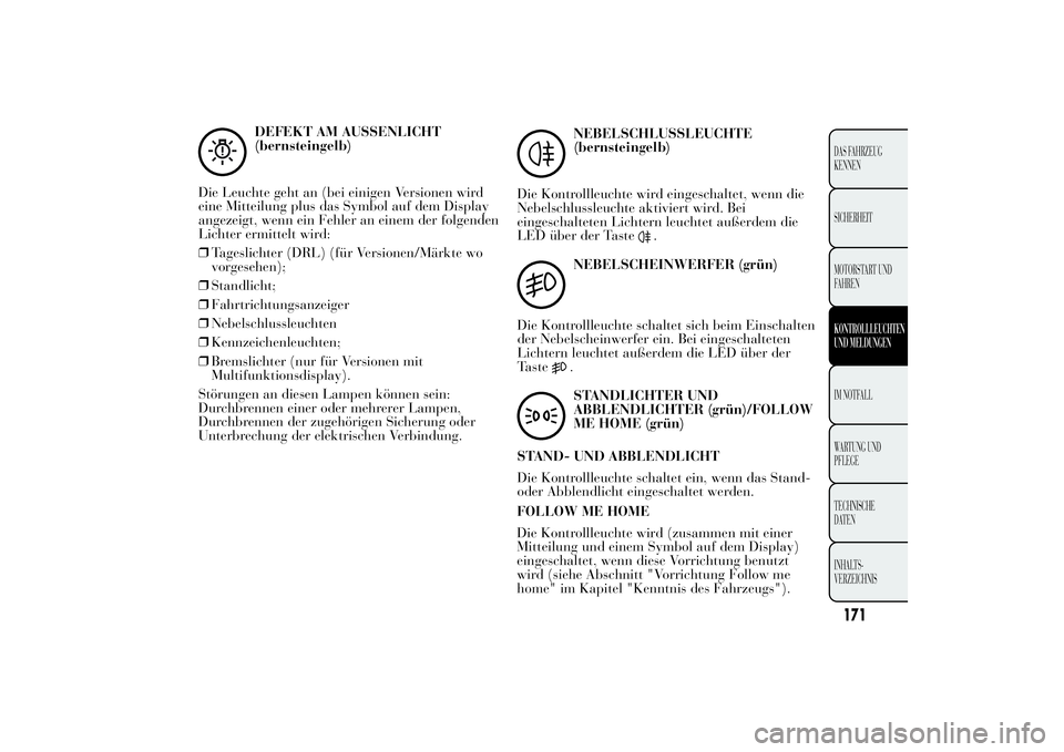 Lancia Ypsilon 2012  Betriebsanleitung (in German) DEFEKT AM AUSSENLICHT
(bernsteingelb)
Die Leuchte geht an (bei einigen Versionen wird
eine Mitteilung plus das Symbol auf dem Display
angezeigt, wenn ein Fehler an einem der folgenden
Lichter ermittel