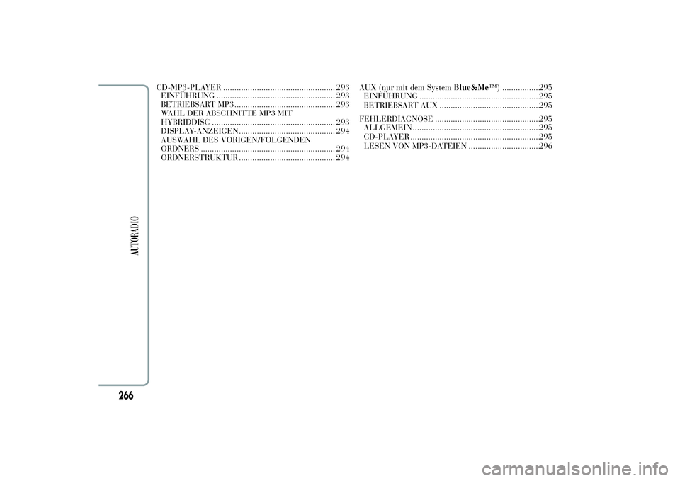 Lancia Ypsilon 2012  Betriebsanleitung (in German) CD-MP3-PLAYER ...................................................293
EINFÜHRUNG ......................................................293
BETRIEBSART MP3 .............................................