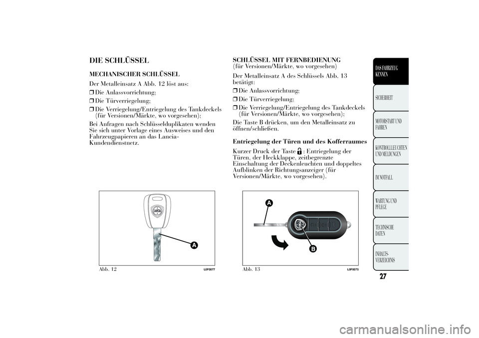 Lancia Ypsilon 2012 Betriebsanleitung (in German) DIE SCHLÜSSELMECHANISCHER SCHLÜSSEL
Der Metalleinsatz A Abb. 12 löst aus:
❒Die Anlassvorrichtung;
❒Die Türverriegelung;
❒Die Verriegelung/Entriegelung des Tankdeckels
(für Versionen/Märkte Lancia Ypsilon 2012 Betriebsanleitung (in German) DIE SCHLÜSSELMECHANISCHER SCHLÜSSEL
Der Metalleinsatz A Abb. 12 löst aus:
❒Die Anlassvorrichtung;
❒Die Türverriegelung;
❒Die Verriegelung/Entriegelung des Tankdeckels
(für Versionen/Märkte