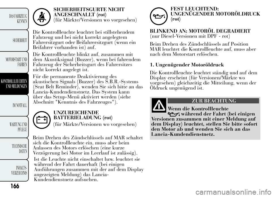 Lancia Ypsilon 2015 Betriebsanleitung (in German) SICHERHEITSGURTE NICHT
ANGESCHNALLT (rot)
(für Märkte/Versionen wo vorgesehen)
Die Kontrollleuchte leuchtet bei stillstehendem
Fahrzeug und bei nicht korrekt angelegtem
Fahrersitzgurt oder Beifahrer Lancia Ypsilon 2015 Betriebsanleitung (in German) SICHERHEITSGURTE NICHT
ANGESCHNALLT (rot)
(für Märkte/Versionen wo vorgesehen)
Die Kontrollleuchte leuchtet bei stillstehendem
Fahrzeug und bei nicht korrekt angelegtem
Fahrersitzgurt oder Beifahrer