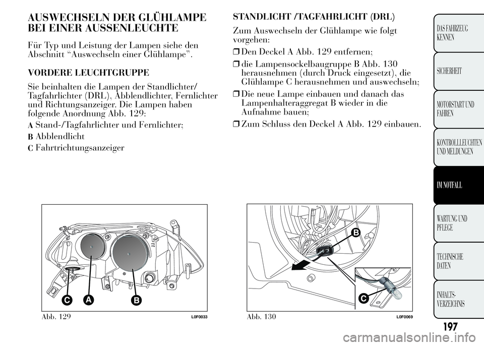 Lancia Ypsilon 2015  Betriebsanleitung (in German) AUSWECHSELN DER GLÜHLAMPE
BEI EINER AUSSENLEUCHTE
Für Typ und Leistung der Lampen siehe den
Abschnitt “Auswechseln einer Glühlampe”.
VORDERE LEUCHTGRUPPE
Sie beinhalten die Lampen der Standlich