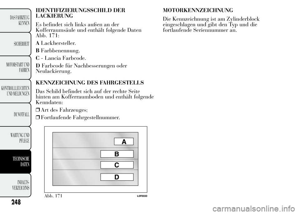 Lancia Ypsilon 2015  Betriebsanleitung (in German) IDENTIFIZIERUNGSSCHILD DER
LACKIERUNG
Es befindet sich links außen an der
Kofferraumsäule und enthält folgende Daten
Abb. 171:
ALackhersteller.
BFarbbenennung.
C- Lancia Farbcode.
DFarbcode für Na
