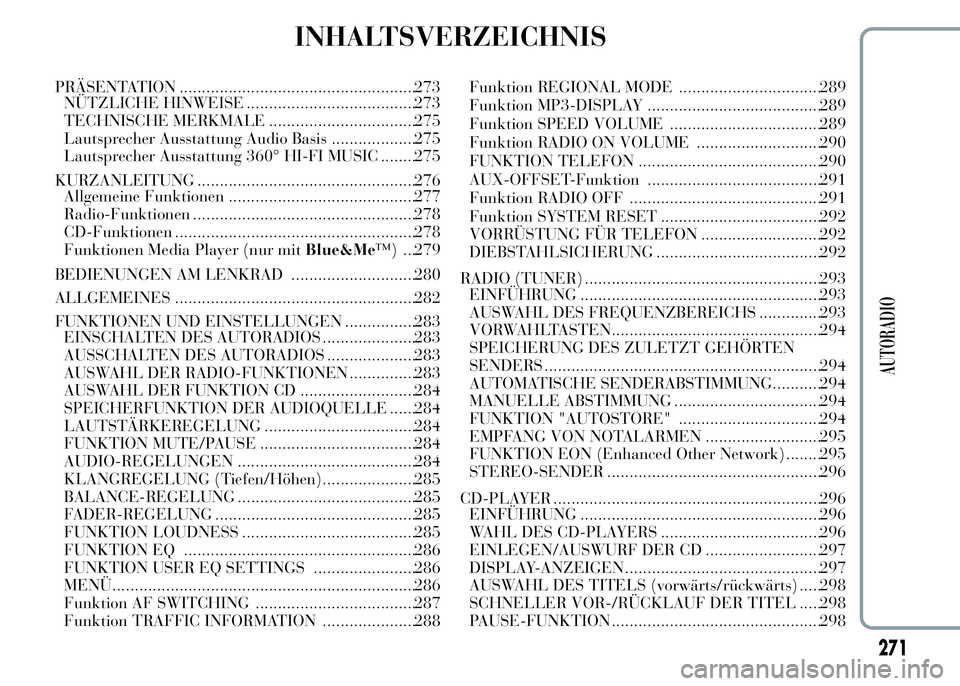 Lancia Ypsilon 2015 Betriebsanleitung (in German) INHALTSVERZEICHNIS
PRÄSENTATION .....................................................273
NÜTZLICHE HINWEISE ......................................273
TECHNISCHE MERKMALE ............................ Lancia Ypsilon 2015 Betriebsanleitung (in German) INHALTSVERZEICHNIS
PRÄSENTATION .....................................................273
NÜTZLICHE HINWEISE ......................................273
TECHNISCHE MERKMALE ............................