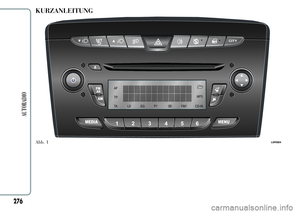 Lancia Ypsilon 2015  Betriebsanleitung (in German) KURZANLEITUNG
Abb. 1L0F0004
276
AUTORADIO 