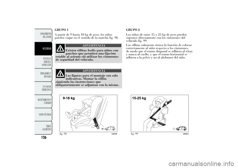 Lancia Ypsilon 2011  Manual de Empleo y Cuidado (in Spanish) GRUPO 1
A partir de 9 hasta 18 kg de peso, los niños
pueden viajar en el sentido de la marcha fig. 98.
ADVERTENCIA
Existen sillitas Isofix para niños con
ganchos que permiten
una fijación
estable a