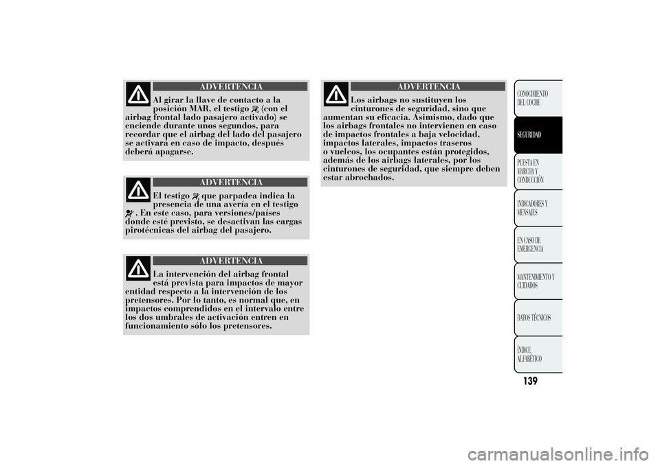 Lancia Ypsilon 2011  Manual de Empleo y Cuidado (in Spanish) ADVERTENCIA
Al girar la llave de contacto a la
posición MAR, el
testigo
(con el
airbag frontal lado pasajero activado) se
enciende durante unos segundos, para
recordar que el airbag del lado del pasa