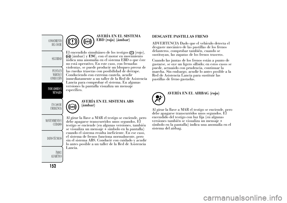 Lancia Ypsilon 2011  Manual de Empleo y Cuidado (in Spanish) AVERÍA EN EL SISTEMA
EBD (rojo) (ámbar)
El encendido simultáneo de los testigos
(rojo),
(ámbar) yESC, con el motor en movimiento
indica una anomalía en el sistema EBD o que éste
no está operati