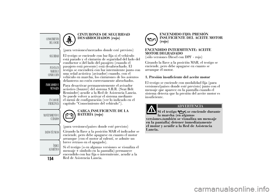 Lancia Ypsilon 2011  Manual de Empleo y Cuidado (in Spanish) CINTURONES DE SEGURIDAD
DESABROCHADOS (rojo)
(para versiones/mercados donde esté previsto)
El testigo se enciende con luz fija si el vehículo
está parado y el cinturón de seguridad del lado del
co
