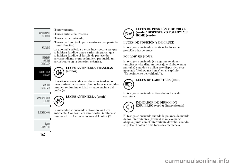 Lancia Ypsilon 2011  Manual de Empleo y Cuidado (in Spanish) ❒intermitentes;
❒luces antiniebla traseras;
❒luces de la matrícula;
❒luces de freno (sólo para versiones con pantalla
multifunción).
La anomalía referida a estas luces podría ser que
se h