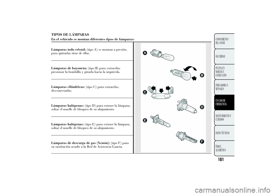 Lancia Ypsilon 2011  Manual de Empleo y Cuidado (in Spanish) TIPOS DE LÁMPARASEn el vehículo se montan diferentes tipos de lámparas:
Lámparas todo cristal:(tipo A) se montan a presión,
para quitarlas tirar de ellas.Lámparas de bayoneta:(tipo B) para extra