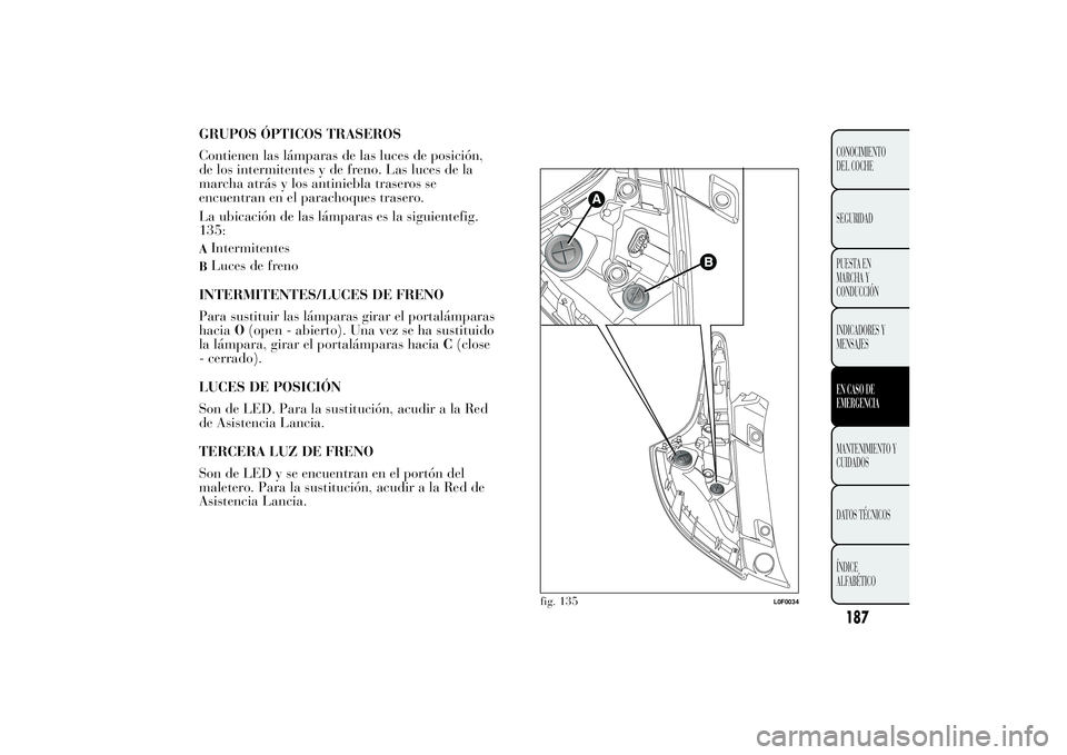 Lancia Ypsilon 2011  Manual de Empleo y Cuidado (in Spanish) GRUPOS ÓPTICOS TRASEROS
Contienen las lámparas de las luces de posición,
de los intermitentes y de freno. Las luces de la
marcha atrás y los antiniebla traseros se
encuentran en el parachoques tra