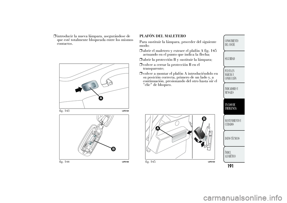 Lancia Ypsilon 2011  Manual de Empleo y Cuidado (in Spanish) ❒introducir la nueva lámpara, asegurándose de
que esté totalmente bloqueada entre los mismos
contactos.PLAFÓN DEL MALETERO
Para sustituir la lámpara, proceder del siguiente
modo:
❒abrir el ma