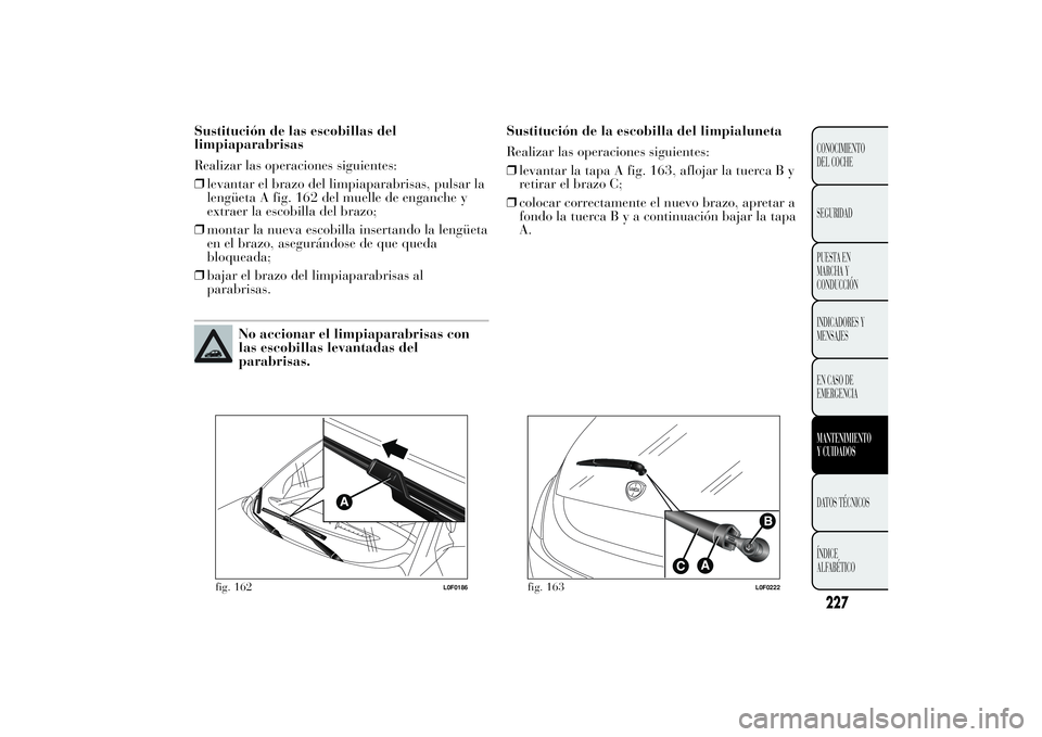 Lancia Ypsilon 2011  Manual de Empleo y Cuidado (in Spanish) Sustitución de las escobillas del
limpiaparabrisas
Realizar las operaciones siguientes:
❒levantar el brazo del limpiaparabrisas, pulsar la
lengüeta A fig. 162 del muelle de enganche y
extraer la e