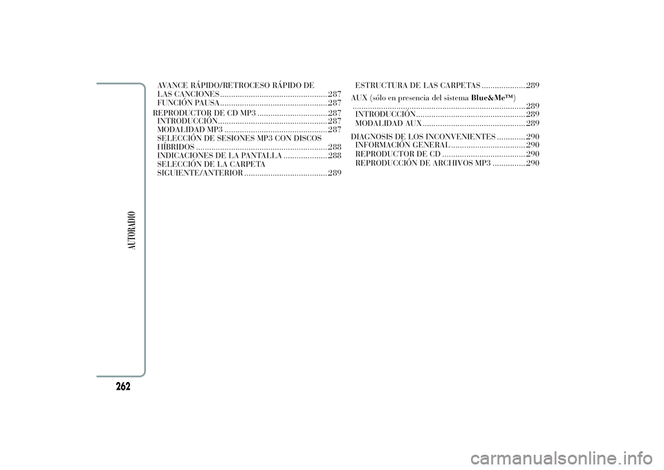 Lancia Ypsilon 2011 Manual de Empleo y Cuidado (in Spanish) AVANCE RÁPIDO/RETROCESO RÁPIDO DE
LAS CANCIONES ..................................................287
FUNCIÓN PAUSA ..................................................287
REPRODUCTOR DE CD MP3 ..... Lancia Ypsilon 2011 Manual de Empleo y Cuidado (in Spanish) AVANCE RÁPIDO/RETROCESO RÁPIDO DE
LAS CANCIONES ..................................................287
FUNCIÓN PAUSA ..................................................287
REPRODUCTOR DE CD MP3 .....