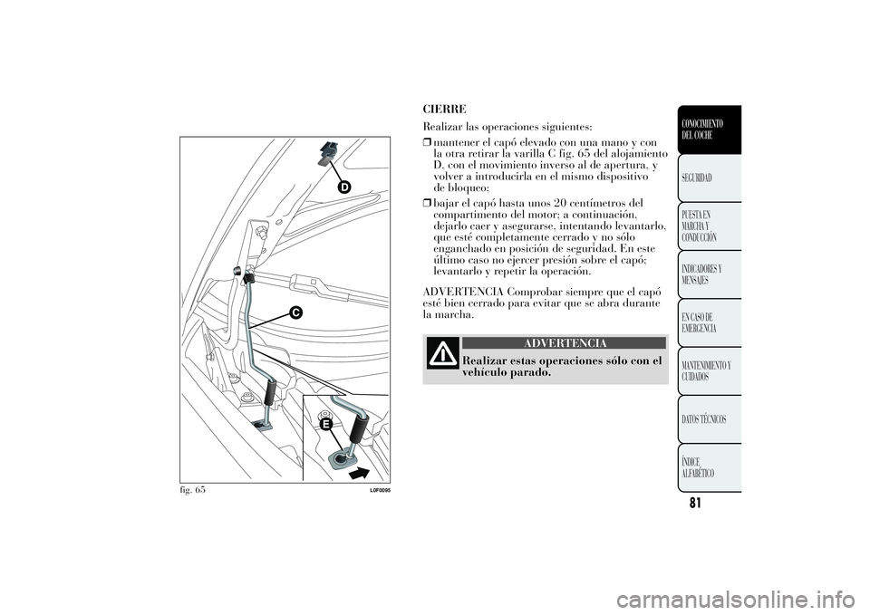 Lancia Ypsilon 2011  Manual de Empleo y Cuidado (in Spanish) .
CIERRE
Realizar las operaciones siguientes:
❒mantener el capó elevado con una mano y con
la otra retirar la varilla C fig. 65 del alojamiento
D, con el movimiento inverso al de apertura, y
volver