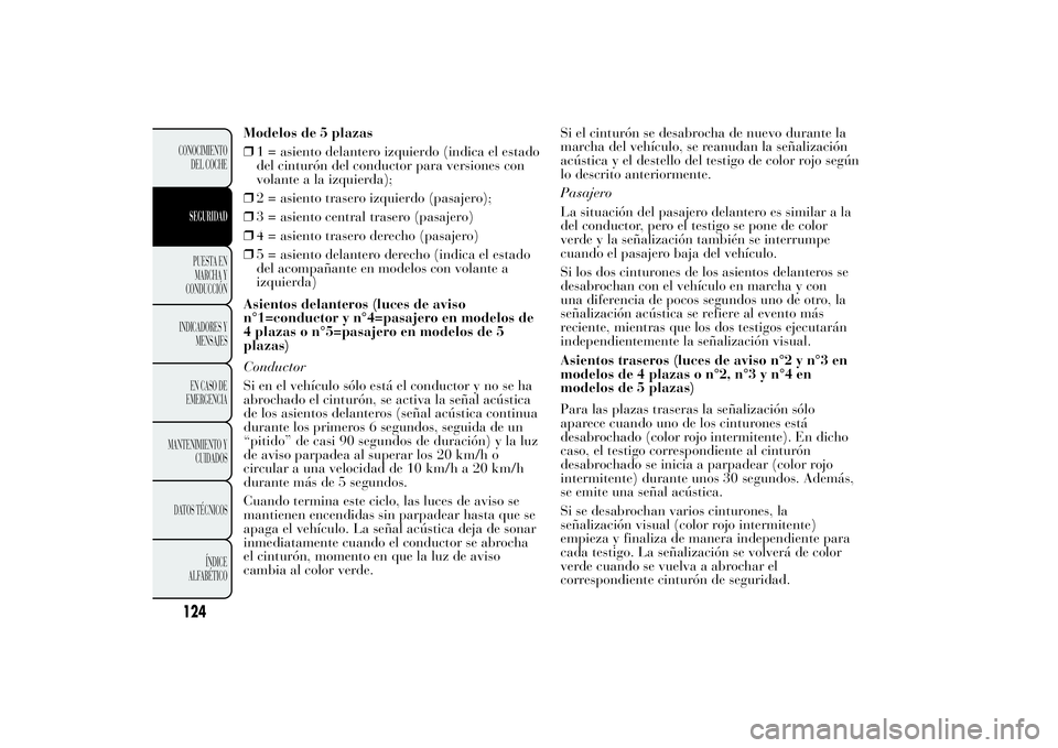 Lancia Ypsilon 2012 Manual de Empleo y Cuidado (in Spanish) Modelos de 5 plazas
❒1 = asiento delantero izquierdo (indica el estado
del cinturón del conductor para versiones con
volante a la izquierda);
❒2 = asiento trasero izquierdo (pasajero);
❒3 = asi Lancia Ypsilon 2012 Manual de Empleo y Cuidado (in Spanish) Modelos de 5 plazas
❒1 = asiento delantero izquierdo (indica el estado
del cinturón del conductor para versiones con
volante a la izquierda);
❒2 = asiento trasero izquierdo (pasajero);
❒3 = asi