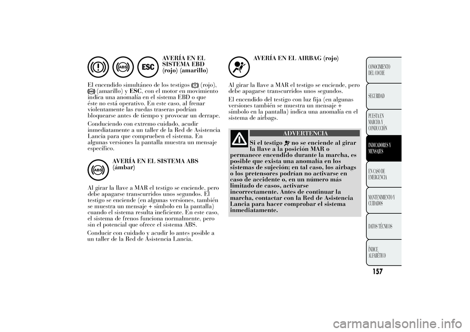 Lancia Ypsilon 2012 Manual de Empleo y Cuidado (in Spanish) AVERÍA EN EL
SISTEMA EBD
(rojo) (amarillo)
El encendido simultáneo de los testigos
(rojo),
(amarillo) yESC, con el motor en movimiento
indica una anomalía en el sistema EBD o que
éste no está ope Lancia Ypsilon 2012 Manual de Empleo y Cuidado (in Spanish) AVERÍA EN EL
SISTEMA EBD
(rojo) (amarillo)
El encendido simultáneo de los testigos
(rojo),
(amarillo) yESC, con el motor en movimiento
indica una anomalía en el sistema EBD o que
éste no está ope