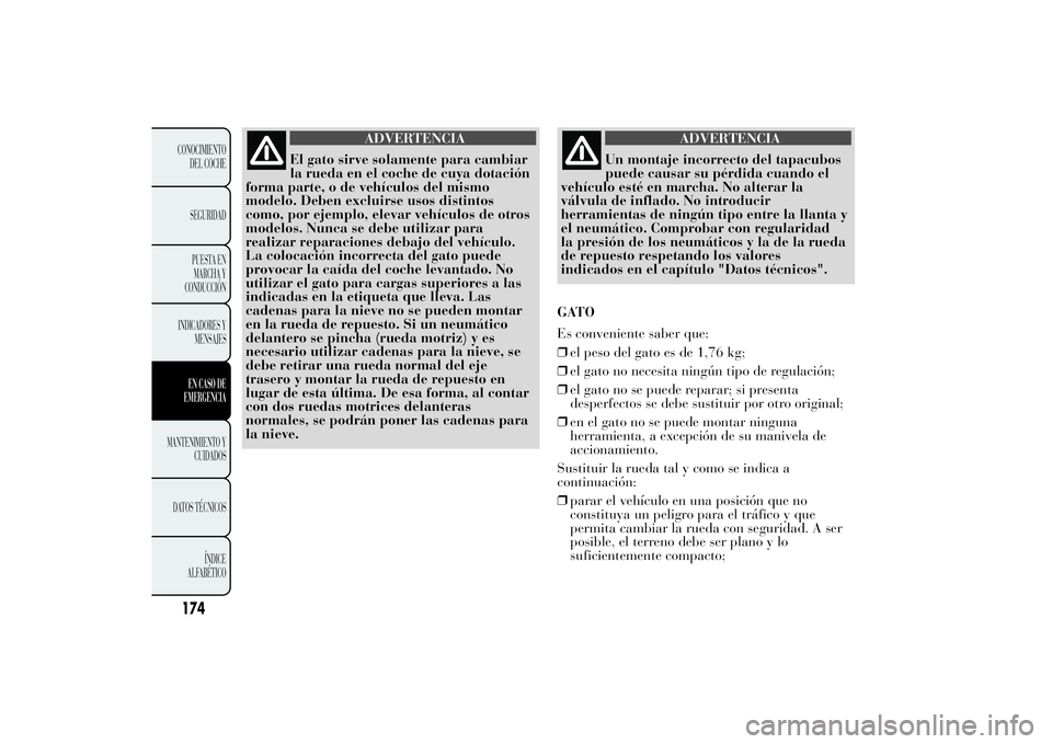Lancia Ypsilon 2012 Manual de Empleo y Cuidado (in Spanish) ADVERTENCIA
El gato sirve solamente para cambiar
la rueda en el coche de cuya dotación
forma parte, o de vehículos del mismo
modelo. Deben excluirse usos distintos
como, por ejemplo, elevar vehícul Lancia Ypsilon 2012 Manual de Empleo y Cuidado (in Spanish) ADVERTENCIA
El gato sirve solamente para cambiar
la rueda en el coche de cuya dotación
forma parte, o de vehículos del mismo
modelo. Deben excluirse usos distintos
como, por ejemplo, elevar vehícul