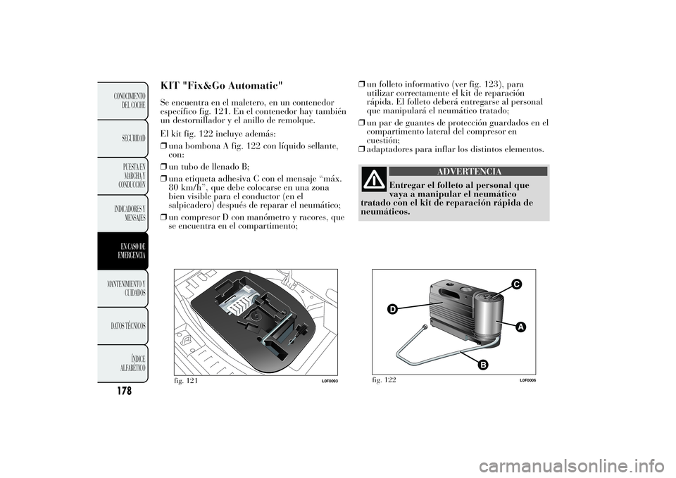Lancia Ypsilon 2012 Manual de Empleo y Cuidado (in Spanish) KIT "Fix&Go Automatic"Se encuentra en el maletero, en un contenedor
específico fig. 121. En el contenedor hay también
un destornillador y el anillo de remolque.
El kit fig. 122 incluye adem Lancia Ypsilon 2012 Manual de Empleo y Cuidado (in Spanish) KIT "Fix&Go Automatic"Se encuentra en el maletero, en un contenedor
específico fig. 121. En el contenedor hay también
un destornillador y el anillo de remolque.
El kit fig. 122 incluye adem
