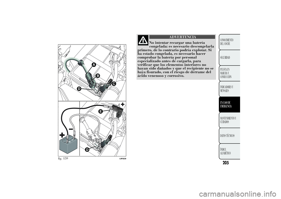 Lancia Ypsilon 2012  Manual de Empleo y Cuidado (in Spanish) ADVERTENCIA
No intentar recargar una batería
congelada: es necesario descongelarla
primero, de lo contrario podría explotar. Si
ha estado congelada, es necesario hacer
comprobar la batería por pers