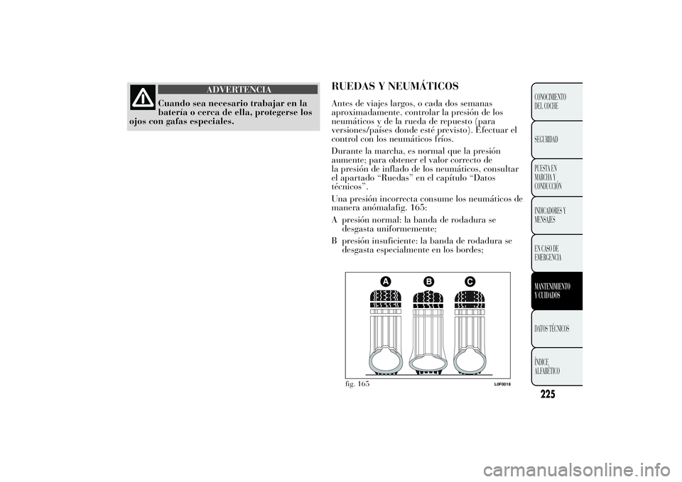 Lancia Ypsilon 2012  Manual de Empleo y Cuidado (in Spanish) ADVERTENCIA
Cuando sea necesario trabajar en la
batería o cerca de ella, protegerse los
ojos con gafas especiales.
RUEDAS Y NEUMÁTICOSAntes de viajes largos, o cada dos semanas
aproximadamente, cont