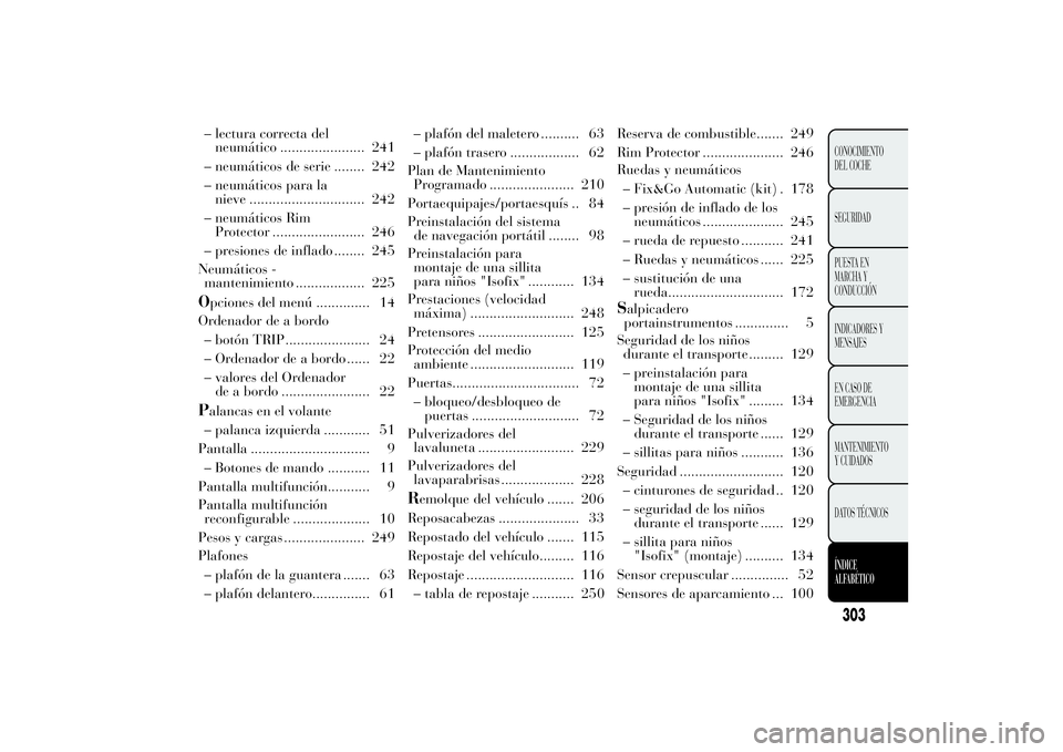 Lancia Ypsilon 2012 Manual de Empleo y Cuidado (in Spanish) – lectura correcta del
neumático ...................... 241
– neumáticos de serie ........ 242
– neumáticos para la
nieve .............................. 242
– neumáticos Rim
Protector .... Lancia Ypsilon 2012 Manual de Empleo y Cuidado (in Spanish) – lectura correcta del
neumático ...................... 241
– neumáticos de serie ........ 242
– neumáticos para la
nieve .............................. 242
– neumáticos Rim
Protector ....