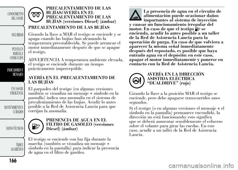 Lancia Ypsilon 2015 Manual de Empleo y Cuidado (in Spanish) PRECALENTAMIENTO DE LAS
BUJÍAS/AVERÍA EN EL
PRECALENTAMIENTO DE LAS
BUJÍAS (versiones Diesel) (ámbar)
PRECALENTAMIENTO DE LAS BUJÍAS
Girando la llave a MAR el testigo se enciende y se
apaga cuand Lancia Ypsilon 2015 Manual de Empleo y Cuidado (in Spanish) PRECALENTAMIENTO DE LAS
BUJÍAS/AVERÍA EN EL
PRECALENTAMIENTO DE LAS
BUJÍAS (versiones Diesel) (ámbar)
PRECALENTAMIENTO DE LAS BUJÍAS
Girando la llave a MAR el testigo se enciende y se
apaga cuand