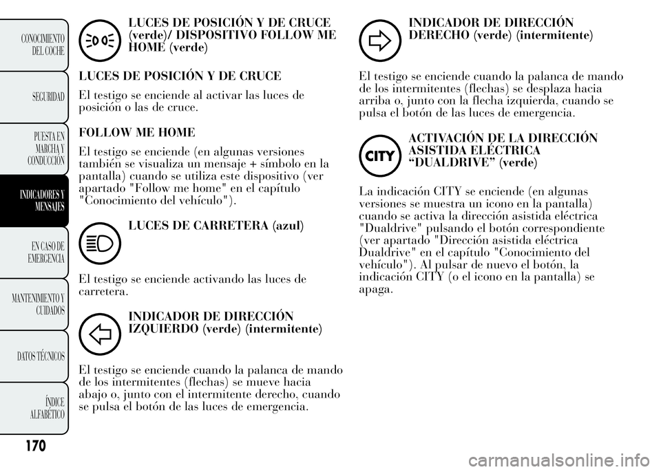 Lancia Ypsilon 2015 Manual de Empleo y Cuidado (in Spanish) LUCES DE POSICIÓN Y DE CRUCE
(verde)/ DISPOSITIVO FOLLOW ME
HOME (verde)
LUCES DE POSICIÓN Y DE CRUCE
El testigo se enciende al activar las luces de
posición o las de cruce.
FOLLOW ME HOME
El testi Lancia Ypsilon 2015 Manual de Empleo y Cuidado (in Spanish) LUCES DE POSICIÓN Y DE CRUCE
(verde)/ DISPOSITIVO FOLLOW ME
HOME (verde)
LUCES DE POSICIÓN Y DE CRUCE
El testigo se enciende al activar las luces de
posición o las de cruce.
FOLLOW ME HOME
El testi