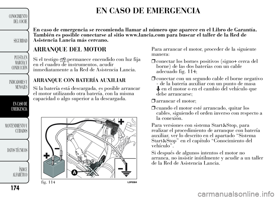 Lancia Ypsilon 2015 Manual de Empleo y Cuidado (in Spanish) EN CASO DE EMERGENCIA
En caso de emergencia se recomienda llamar al número que aparece en el Libro de Garantía.
También es posible conectarse al sitio www.lancia.com para buscar el taller de la Red Lancia Ypsilon 2015 Manual de Empleo y Cuidado (in Spanish) EN CASO DE EMERGENCIA
En caso de emergencia se recomienda llamar al número que aparece en el Libro de Garantía.
También es posible conectarse al sitio www.lancia.com para buscar el taller de la Red